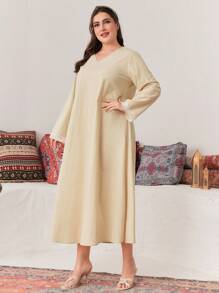 Al Najma Plus Size Women's Summer Arabic Clothing, 1pc Lace Splice V-Neck Robe With Flared Sleeve Cuffs - Apricot - View 6