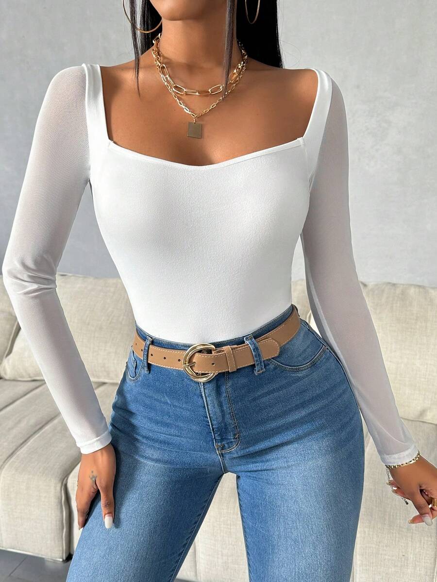 SHEIN Essnce 女士撞色网眼长袖鸡心领T恤 - 白色 - 查看 1