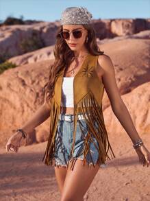 RELISH NOLESS Veste/Gilet léger en suède à franges, style bohème, sexy et décontracté, idéal pour les festivals country, les concerts et les vacances, pour femmes au printemps et en été - Camel - Voir 1