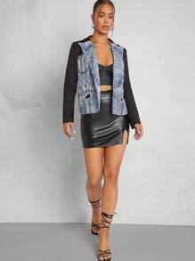 Denimoi Fashion Denim-Effect Print Colorblock Blazer - Black - View 6