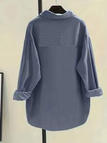 Women's Casual Solid Color Drop Shoulder Long Sleeve Shirt, Autumn - Dark Grey - View 3