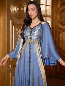 Embroidered Cape Sleeve Dress With Applique - Blue - View 4