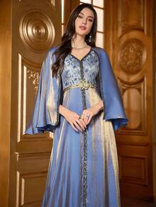 Embroidered Cape Sleeve Dress With Applique - Blue - View 5