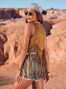 RELISH NOLESS Veste/Gilet léger en suède à franges, style bohème, sexy et décontracté, idéal pour les festivals country, les concerts et les vacances, pour femmes au printemps et en été - Camel - Voir 3