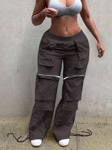 Pantalones Y2k De Estilo Callejero Con Cintura Elástica, Cremallera Decorativa, Multi-bolsillos, Cordón De Ajuste, Dobladillo De Pierna Ancha Y Estilo De Carguero. - Marrón - Ver 3