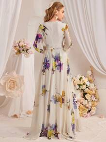Đầm dài co giãn in hoa cho nữ - Màu be - Xem 2