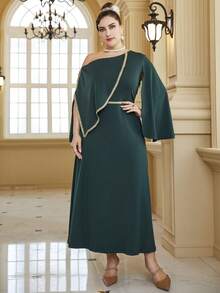 Plus Size Women Patchwork Ribbon Detail Asymmetric Collar Dress - Green - View 3