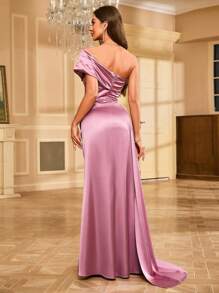 Sequined Satin Floor-Length Evening Gown Elegant Formal Prom Wedding Guest Dress, For Graduation, Dinner - Pink - View 2