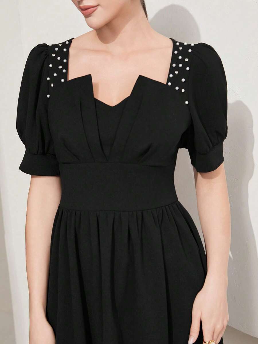 Modelyn Vestido largo de mujer estilo línea A con cintura adornada con perlas - Negro - Ver 1