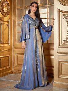 Embroidered Cape Sleeve Dress With Applique - Blue - View 6