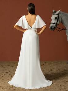 Minimalist Sweetheart Neck Ruffle Sleeve French Style Light Wedding Dress - White - View 2