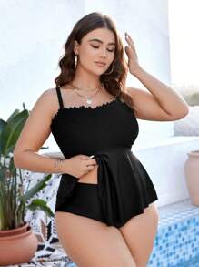 SHEIN Swim Curve Summer Beach Women's Solid Color Plus Size Tankini Swimsuit - Black - View 3