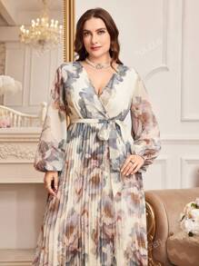 Vestido de manga larga estampado floral de talla grande y modesto