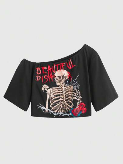 Grunge Punk Tee-shirt court asymétrique à col, imprimé crâne et fleurs, école