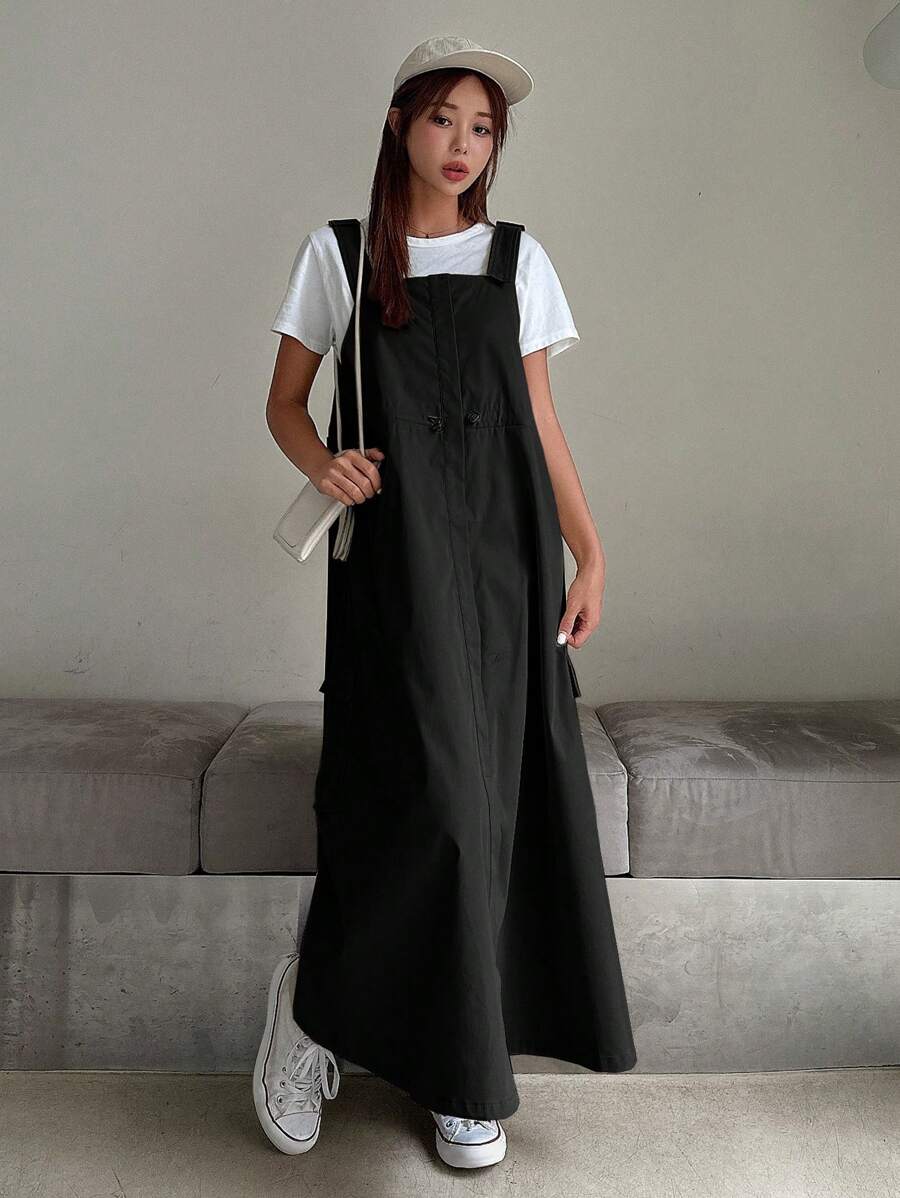 DAZY 纯色长款工装风吊带连衣裙，休闲女式连衣裙 - 黑色 - 查看 1