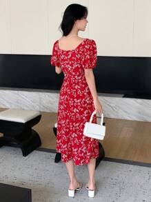 DAZY Side Split Square Neck Floral Printed Dress,Milkmaid Dress Sundress Valentine's Day Vacation Outfits Women - Red - View 2