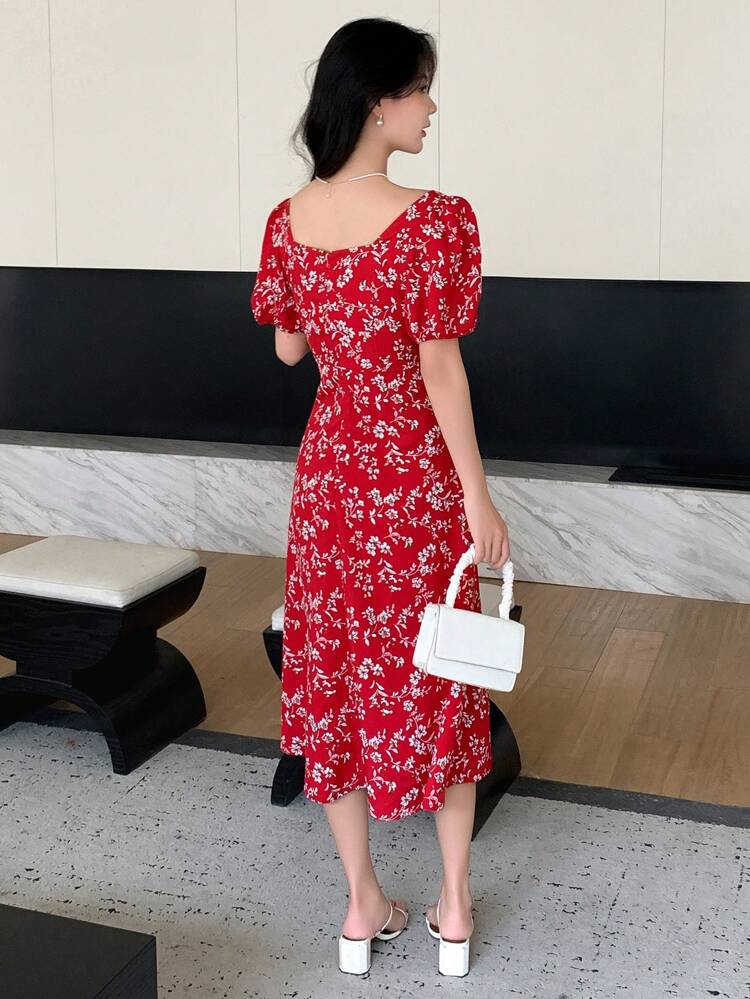 Side Split Square Neck Floral Printed Dress,Milkmaid Dress Sundress Valentine's Day Vacation Outfits Women Boho