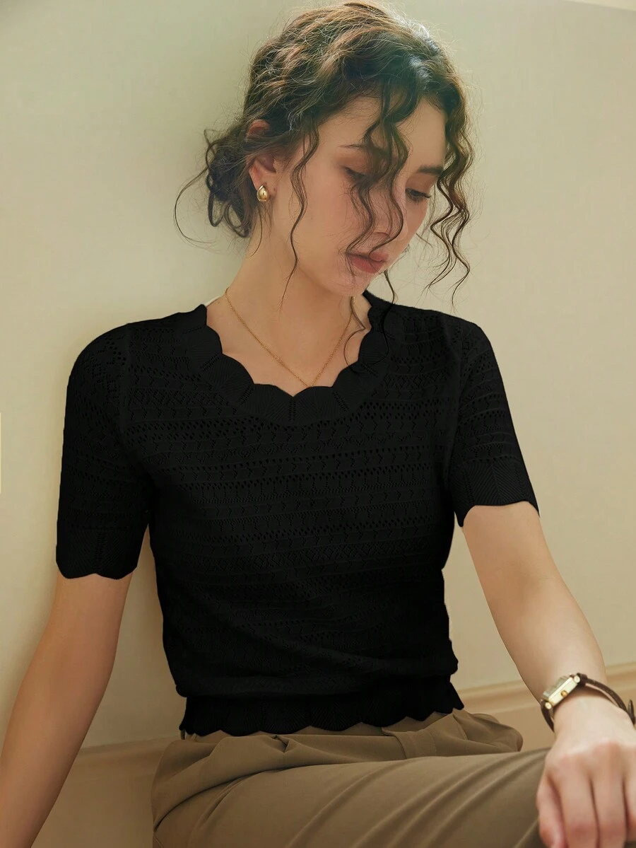 Knit Mix Elegant Women's Shirt, Distinctive Lace Trim Round Neck Hollow Short Sleeve Fitted T-Shirt, Suitable For Petite Figures, Solid Color, Casual/Work Appropriate, Spring/Summer Top, Subtle Vintage Cream Color, Back To School Spring/Summer Wear, Also Suitable For Casual Holidays Like Christmas, Thanksgiving And New Year. - Black - View 1