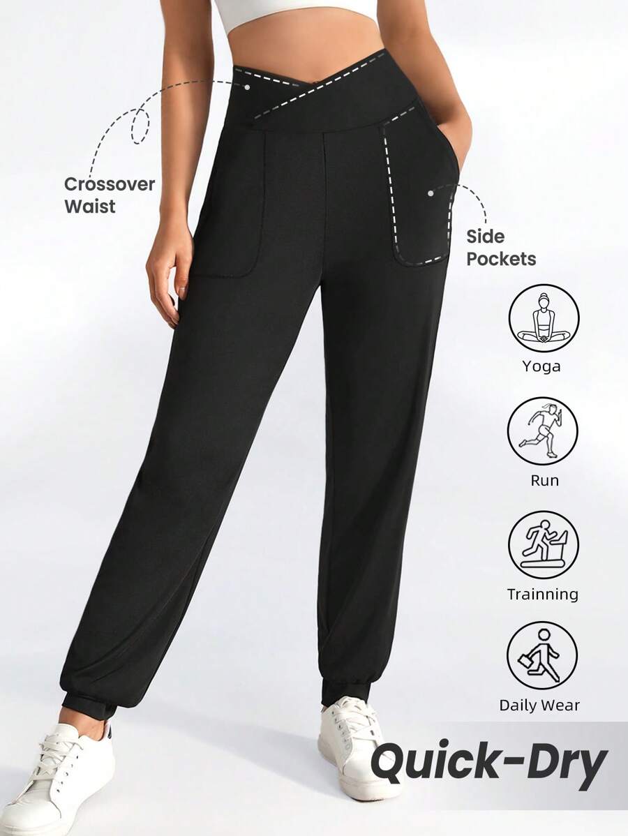 Easithlete Màu thuần Eo dây rút Giải trí Quần Chạy bộ Với Hình nón Chân - màu đen - Xem 1