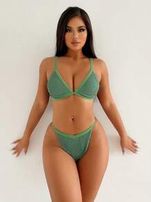 SHEIN Swim Solid Color Triangle Cup Bra And Briefs Bikini Set Summer - Dark Green - View 1
