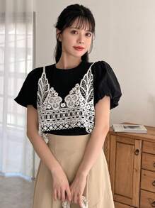 FRIFUL Ladies Round Neck Lace Spliced 2 In 1 T-Shirt - Black - View 5