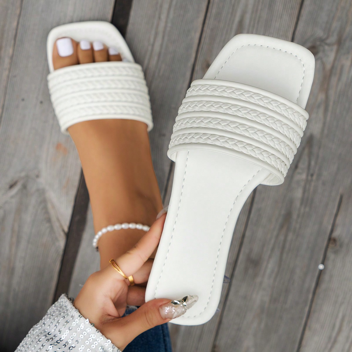 Sandalias Planas De Verano Tejidas Con Punta Para Mujer, De Color Blanco Puro Con Estilo Para Fiesta Y Playa
