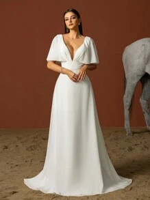 Minimalist Sweetheart Neck Ruffle Sleeve French Style Light Wedding Dress - White - View 1