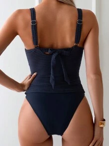 SHEIN Swim 夏季海灘女士對比蕾絲邊連帽背心泳衣套裝，綁帶背心 - 藏蓝色 - 查看 2