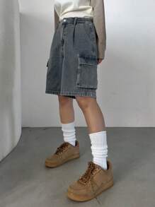 DAZY Women's Retro Denim Cargo Shorts With Elastic Waist And Wide Leg, Casual Loose Fit Summer Denim Shorts Jorts - Medium Wash - View 3