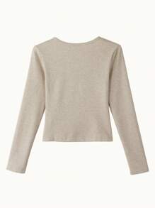 纯色蕾丝花边圆领长袖T恤 - 卡其色 - 查看 3