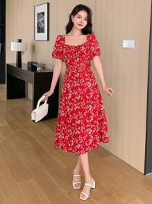 DAZY Side Split Square Neck Floral Printed Dress,Milkmaid Dress Sundress Valentine's Day Vacation Outfits Women - Red - View 3