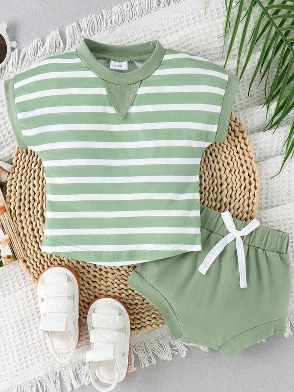 2 pièces/set Ensemble Top à manches courtes bicolore/rayé et short unicolore pour bébé garçon, printemps/été