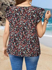 EMERY ROSE Blusa Decorativa De Talla Grande Con Estampado Floral Para Mujer, Con Cuello De Solapa Y Detalles De Volante - Multicolor - Ver 2