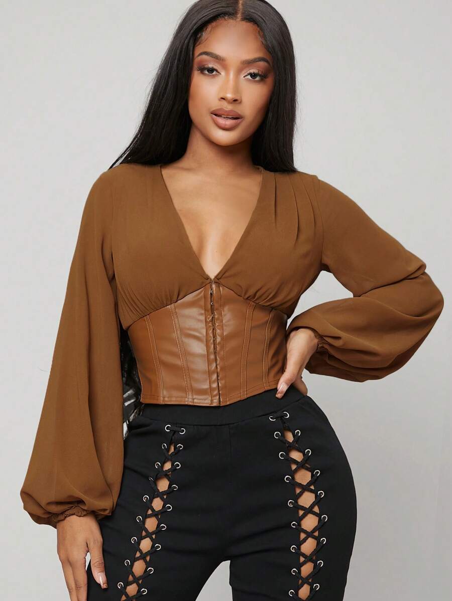 SHEIN Unity 氣球袖pu皮緊身背心 - 棕色 - 查看 1