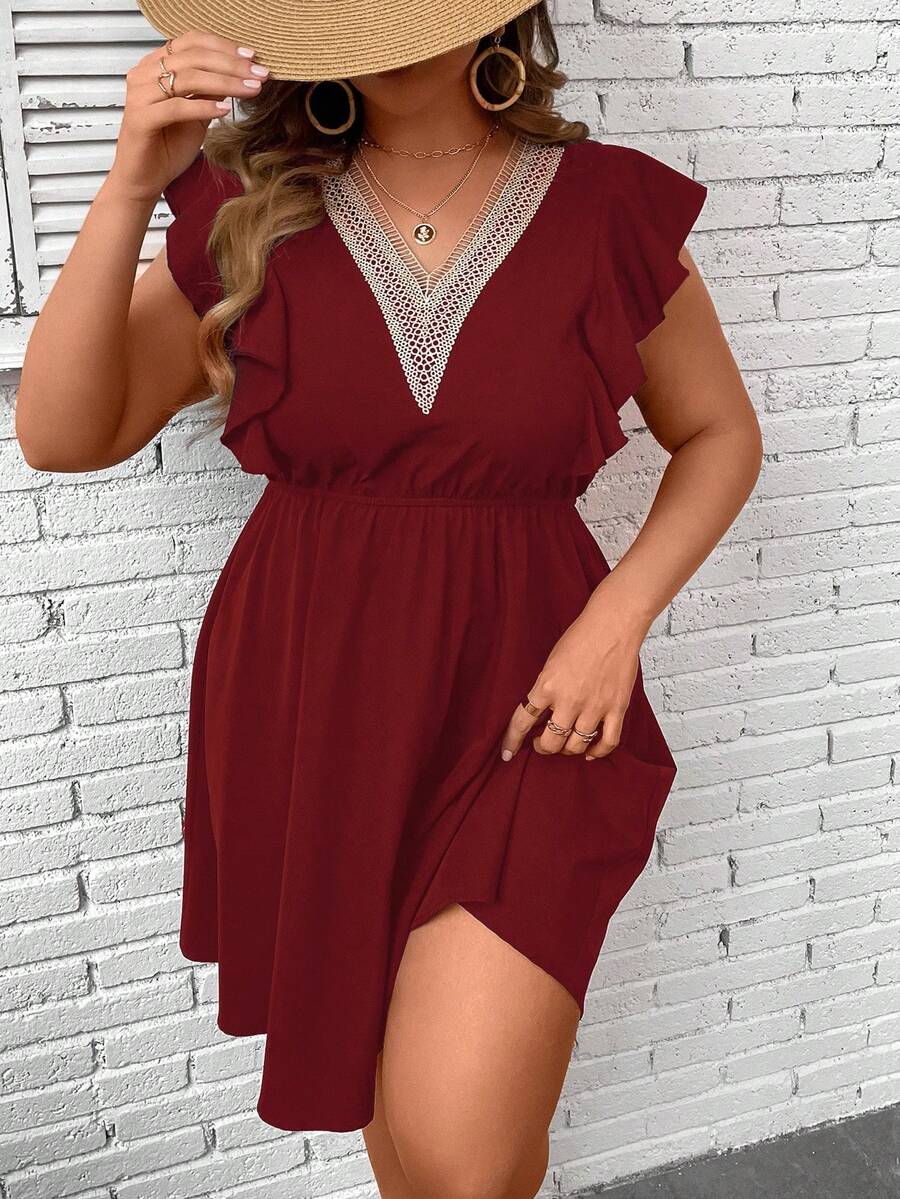 SHEIN Holidaya Kích thước lớn Khối màu Ren Vá lại Xù Hoa Sen Đầm - Màu Đỏ Sâu - Xem 1