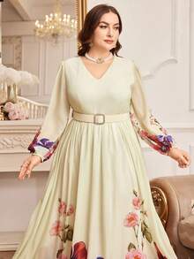 Women's Autumn V-Neck Elegant Floral Print Lantern Sleeve Dress With Belt, Butter Yellow - Yellow - View 3