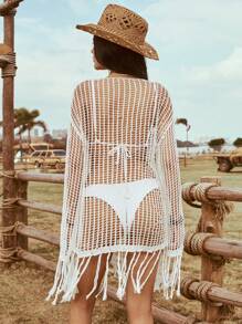 Soleia Hollow Out Crochet Beach Fringe Knit Top