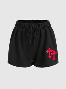 ROMWE Grunge Punk Cross Print Drawstring Waist Shorts, School