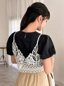 FRIFUL Ladies Round Neck Lace Spliced 2 In 1 T-Shirt - Black - View 2