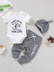 3pcs Cute And Comfortable Baby Boy's Soft Breathable Romper Set With Letter And Gesture Print, Letter Slogan Front Tie Pants, And Hat. Suitable For Casual, Daily, Vacation, And Parties