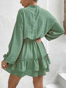 Ruffles Button Dress Women Holiday - Olive Green - View 2