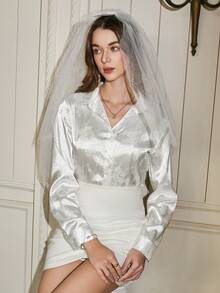 SHEIN Privé 提花緞面襯衫 - 白色 - 查看 6