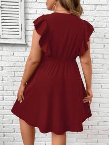SHEIN Holidaya Kích thước lớn Khối màu Ren Vá lại Xù Hoa Sen Đầm - Màu Đỏ Sâu - Xem 2