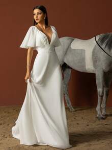 Minimalist Sweetheart Neck Ruffle Sleeve French Style Light Wedding Dress - White - View 4