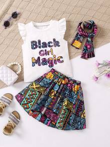 SHEIN Bộ quần áo in chữ cô gái trẻ có khăn quàng cổ - Nhiều màu - Xem 1