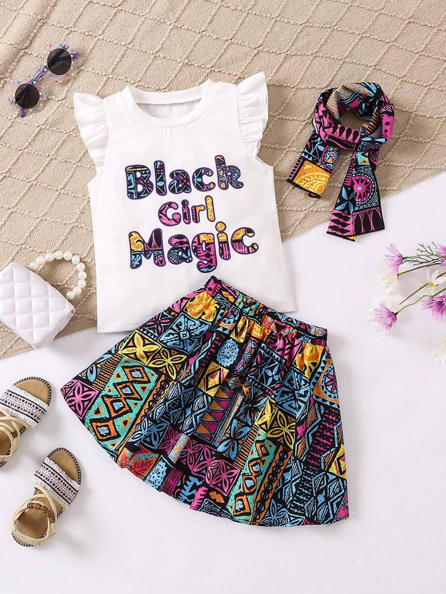 SHEIN Bộ quần áo in chữ cô gái trẻ có khăn quàng cổ - Nhiều màu - Xem 1