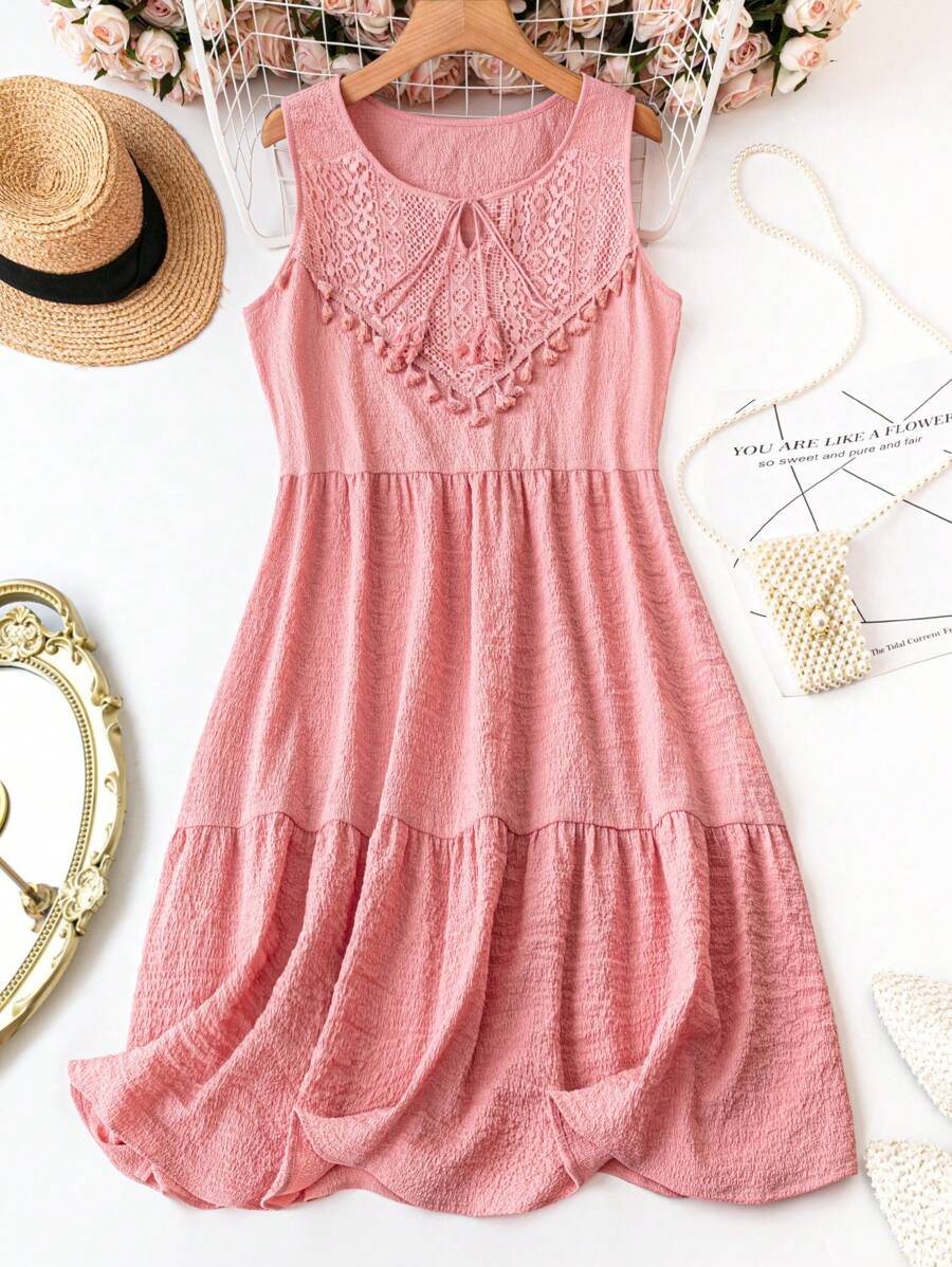 SHEIN Holidaya 大碼拼布花邊和流蘇邊帶腰裙 - 粉色 - 查看 1