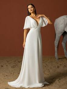 Minimalist Sweetheart Neck Ruffle Sleeve French Style Light Wedding Dress - White - View 5