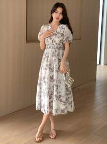 DAZY Đầm maxi họa tiết hoa, cổ chữ V, chất liệu chiffon, viền xếp ly và eo nhún. - Cà phê - Xem 6
