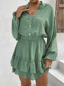 Ruffles Button Dress Women Holiday - Olive Green - View 3